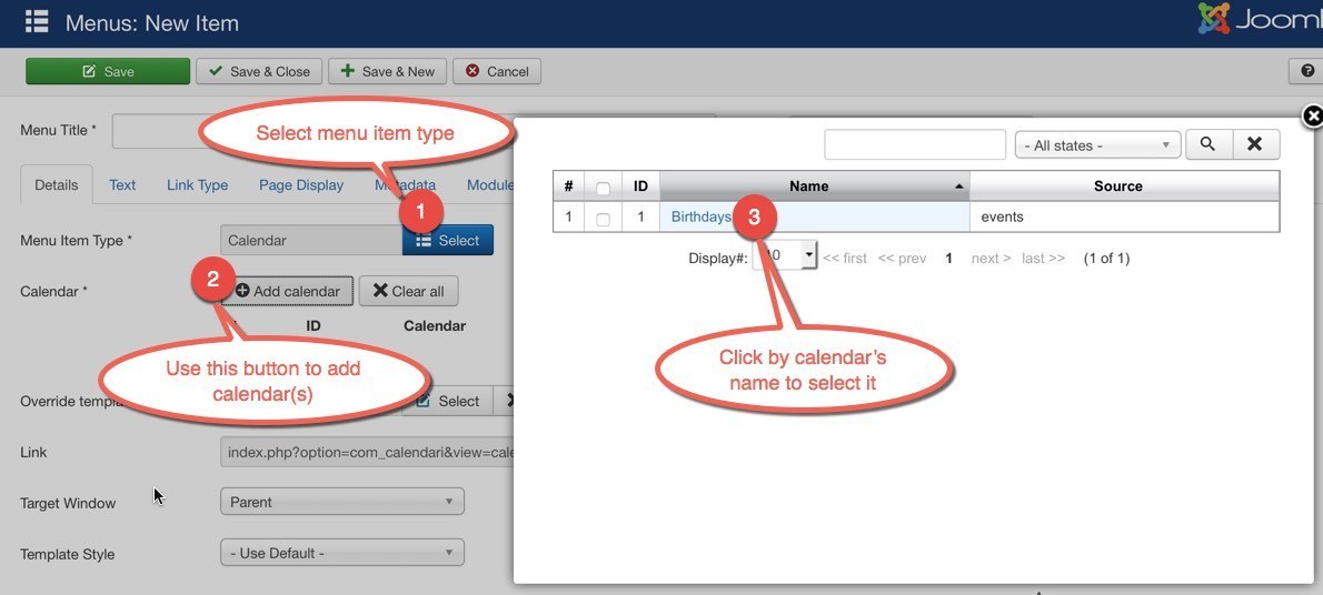 Create menu item for CalendARI Joomla! extension