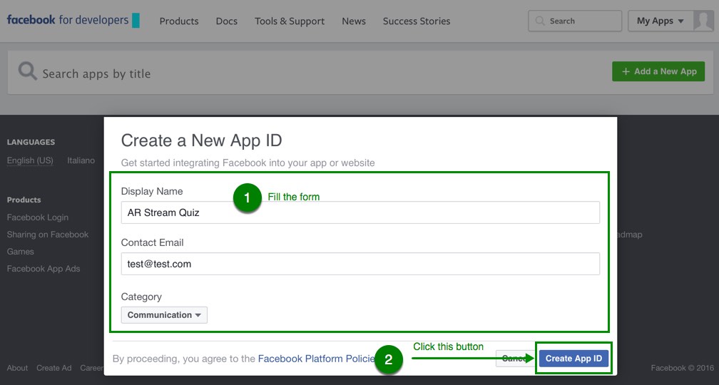 Facebook app registration form