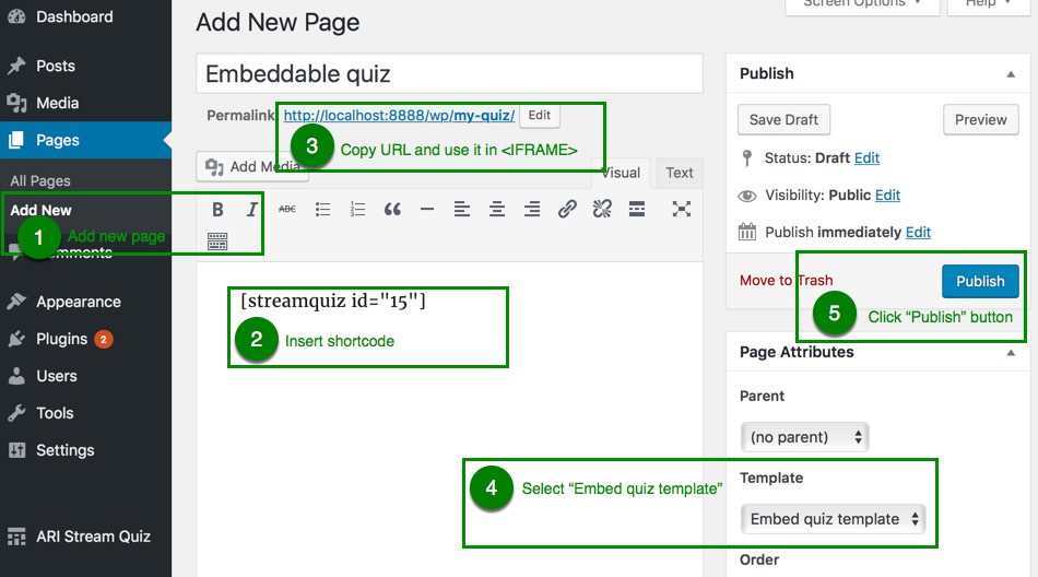 Embed quiz - page settings