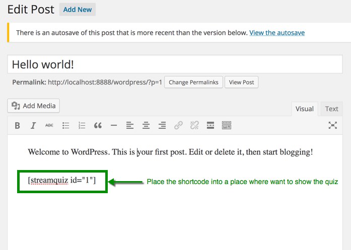 ARI Stream Quiz - Insert a shortcode into post content